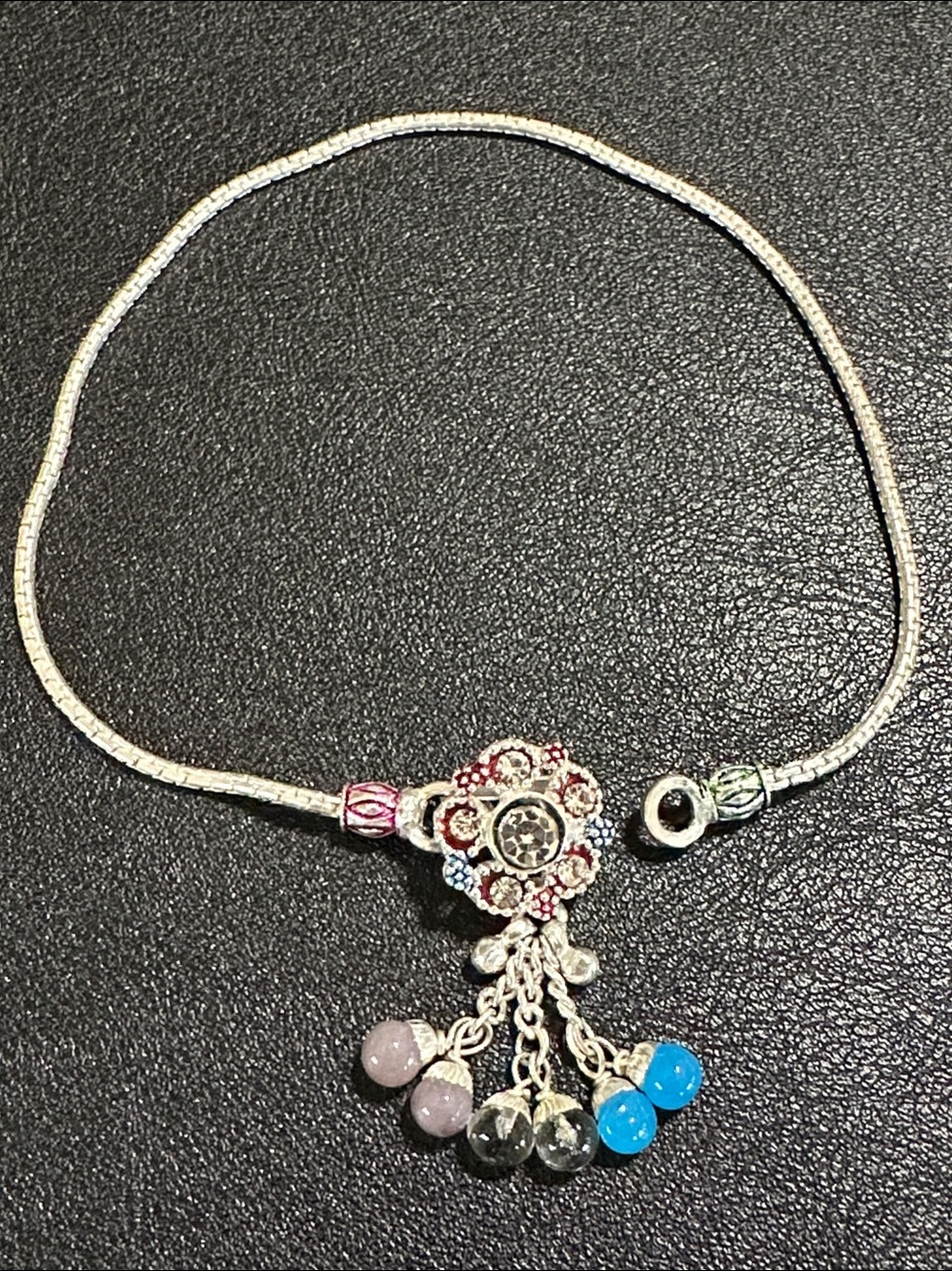 Vintage Indian Silver Payal Anklet Charm 10" Colorful Stones Enamel